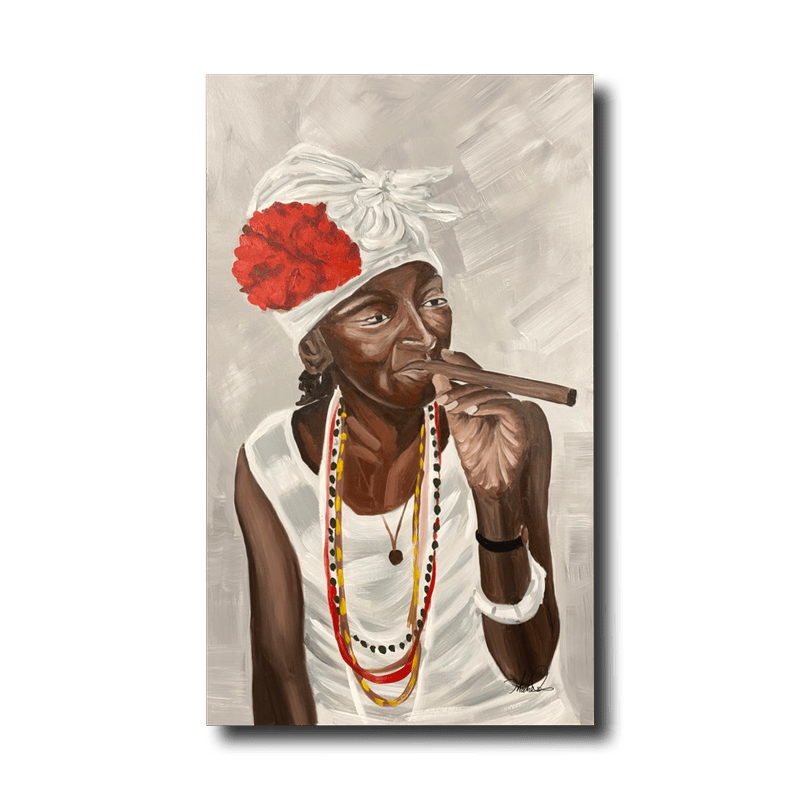 A painting of a Cuban woman smoking a cigar.
