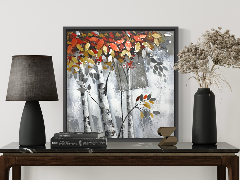 En tavla med björkar