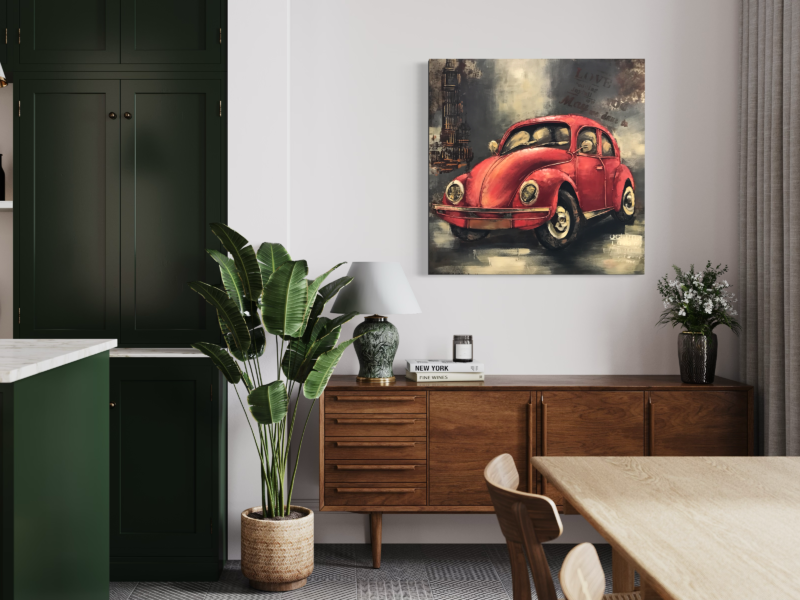 En tavla med en röd bil.