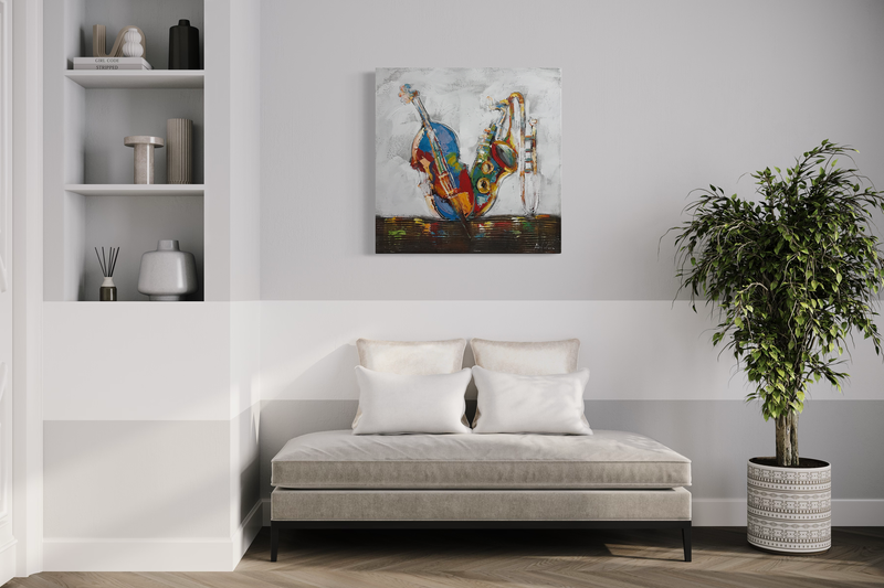 En målning med en cello och saxofon