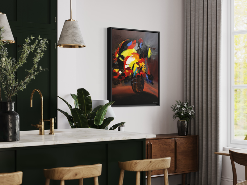 Een schilderij met een bloemenvaas