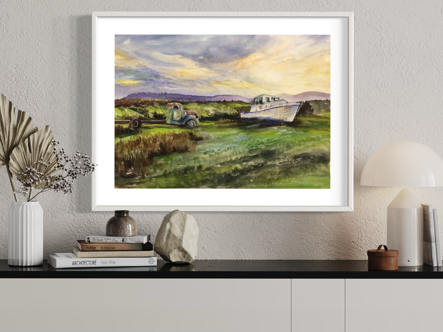 En målning med en båt och en bil