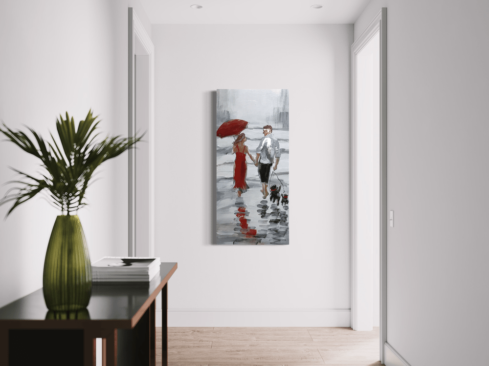 Et maleri med et par på tur