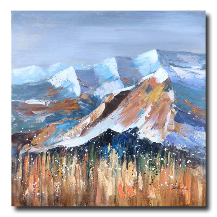 A painting with mountains
