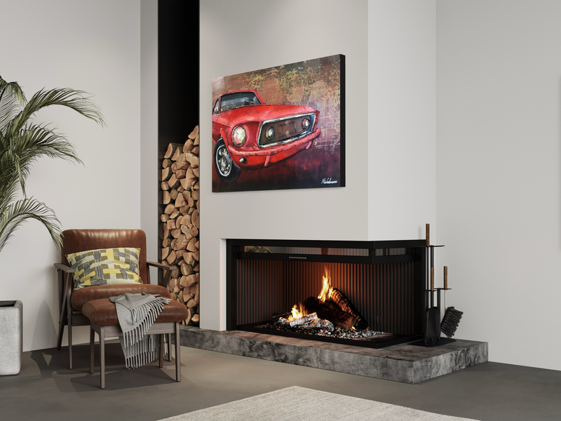 A wall picture with a red mustang