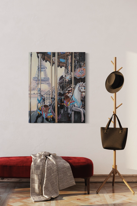 Een schilderij met een carrousel