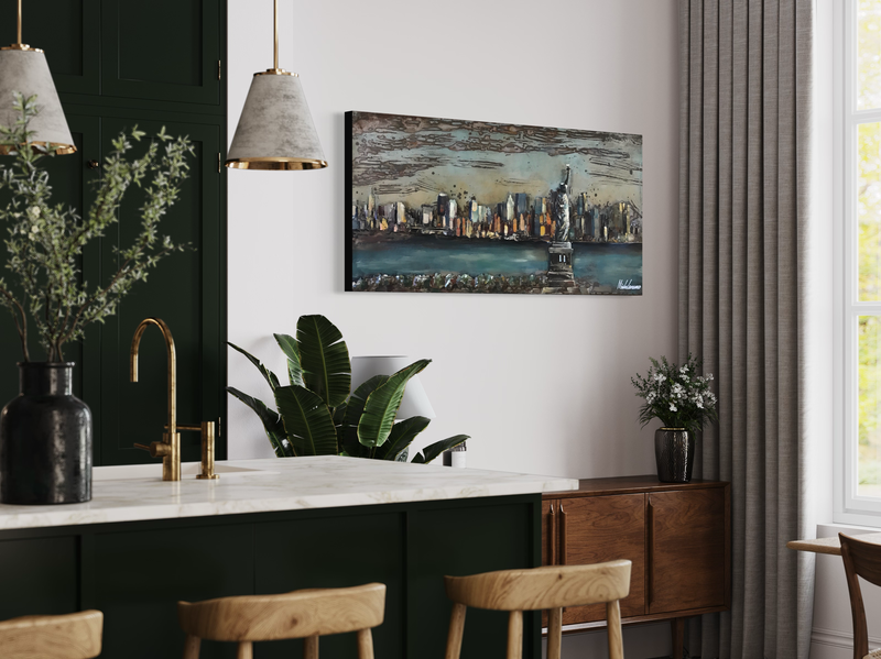 Grafika przedstawiająca Statuę Wolności i panoramę Nowego Jorku.