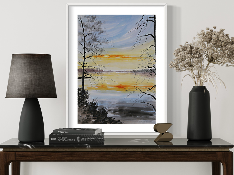 En akvarell med en sjö