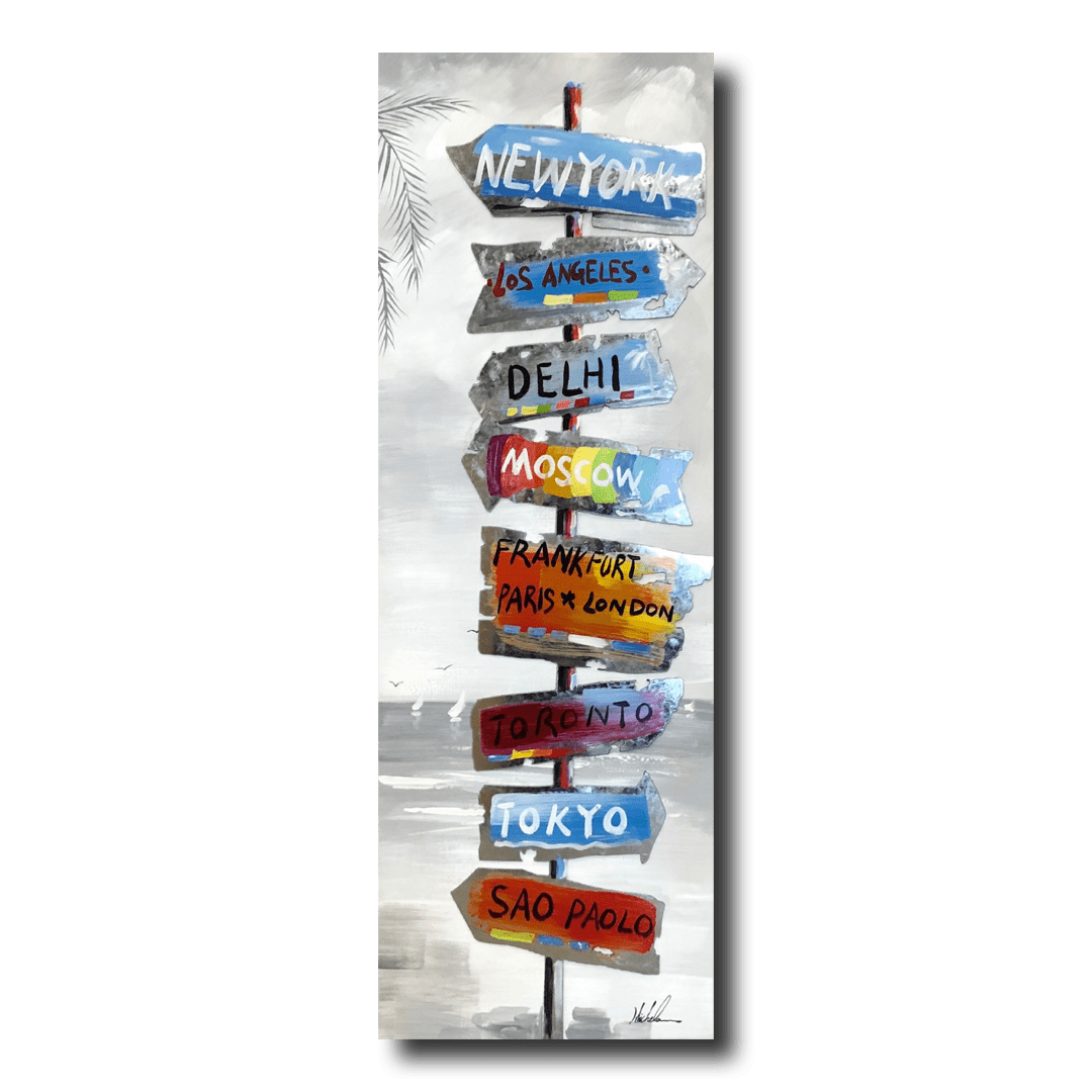 Een schilderij met een wegwijzer