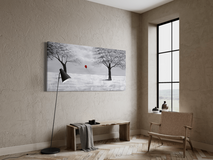 Een schilderij met een rode ballon