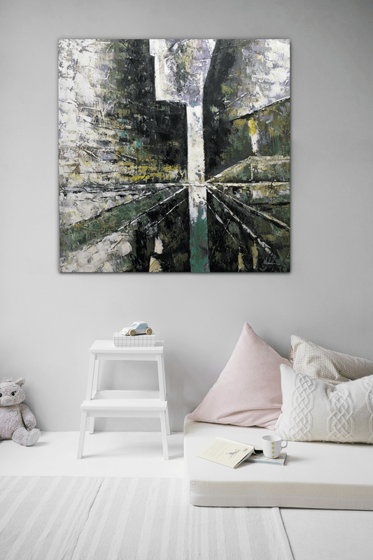 ein abstraktes Gemälde in Grün und Blau