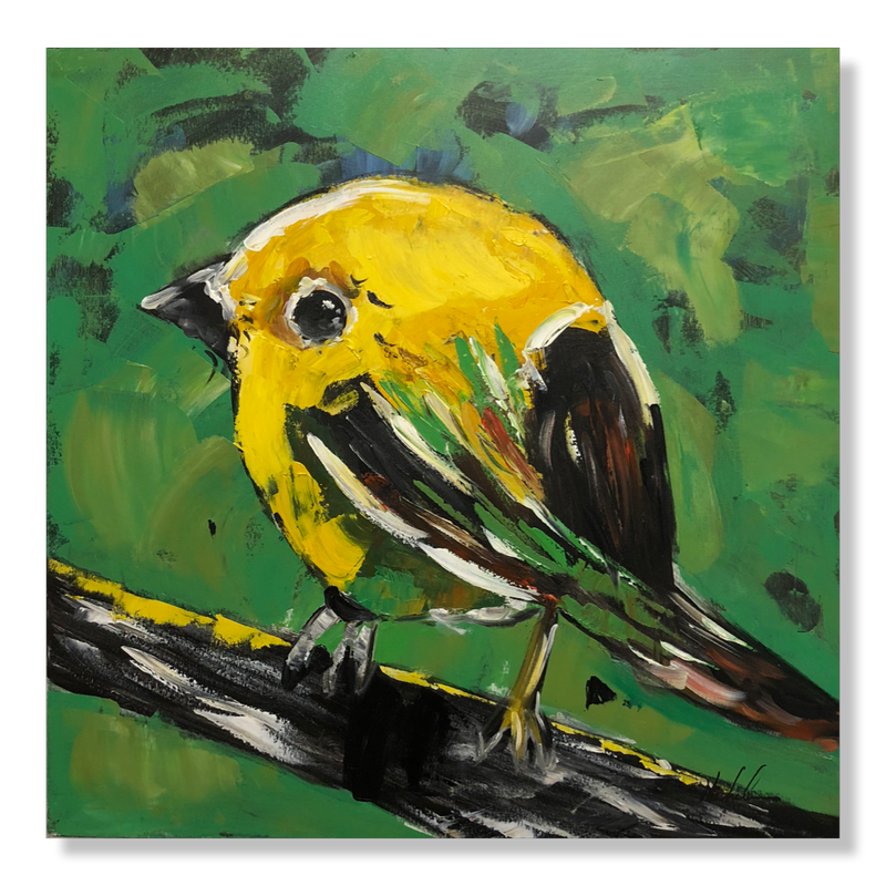 Een schilderij met een gele vogel