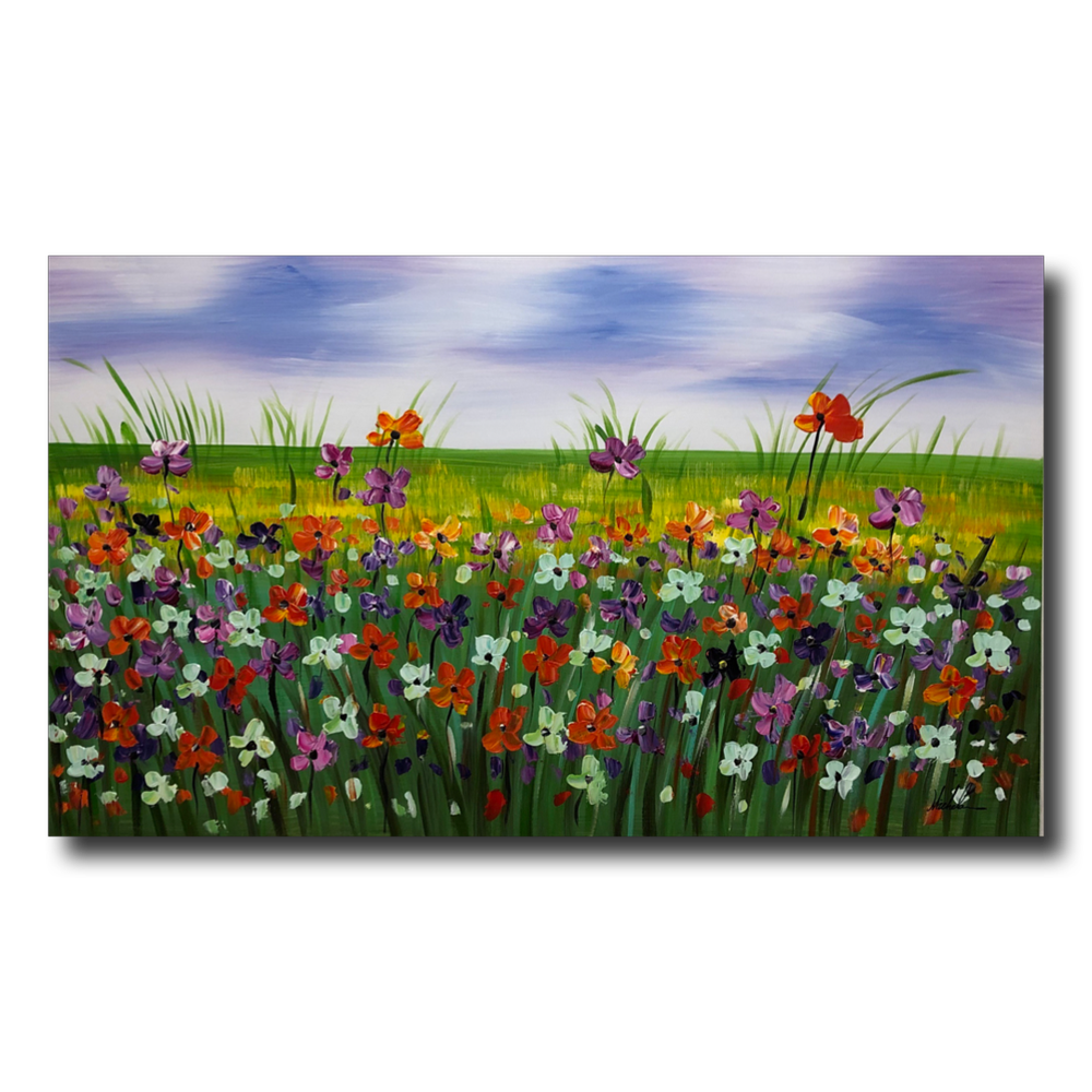 Et maleri med en blomstereng