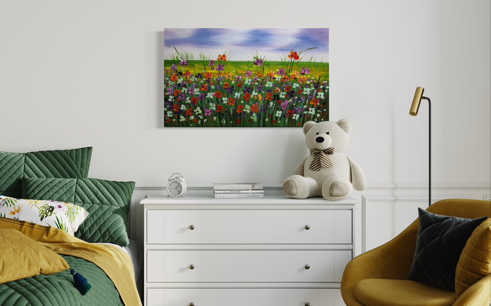 Ein Gemälde mit einer Blumenwiese