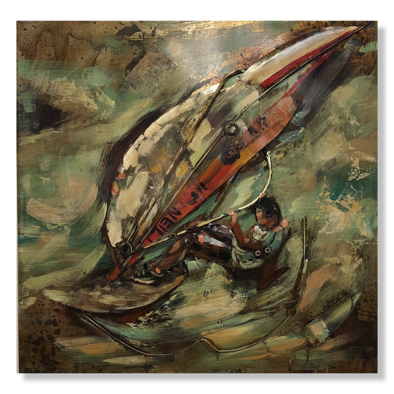 En plåttavla med en surfare