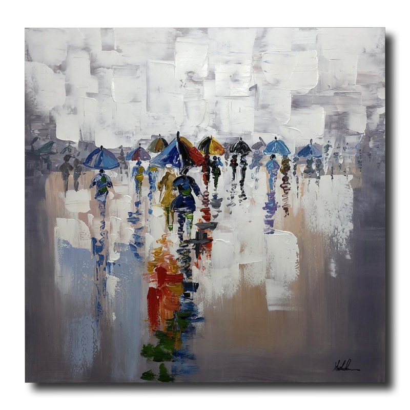 Et maleri med paraplyer