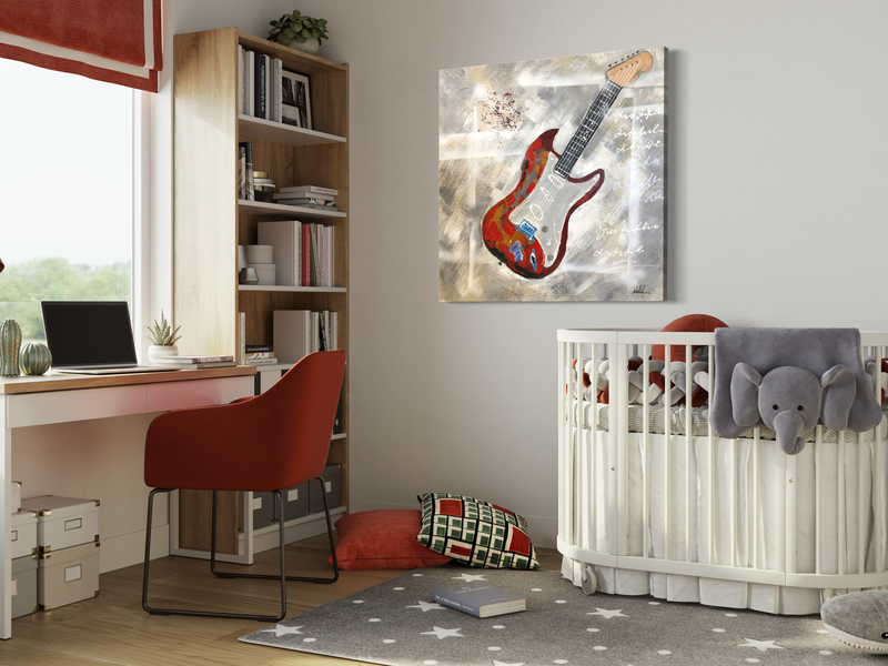 Een schilderij met een rode gitaar