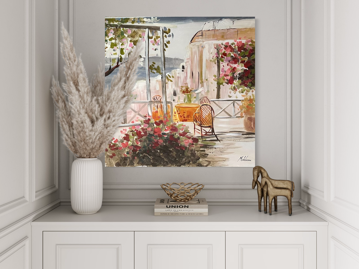 En tavla med ett bord med utsikt