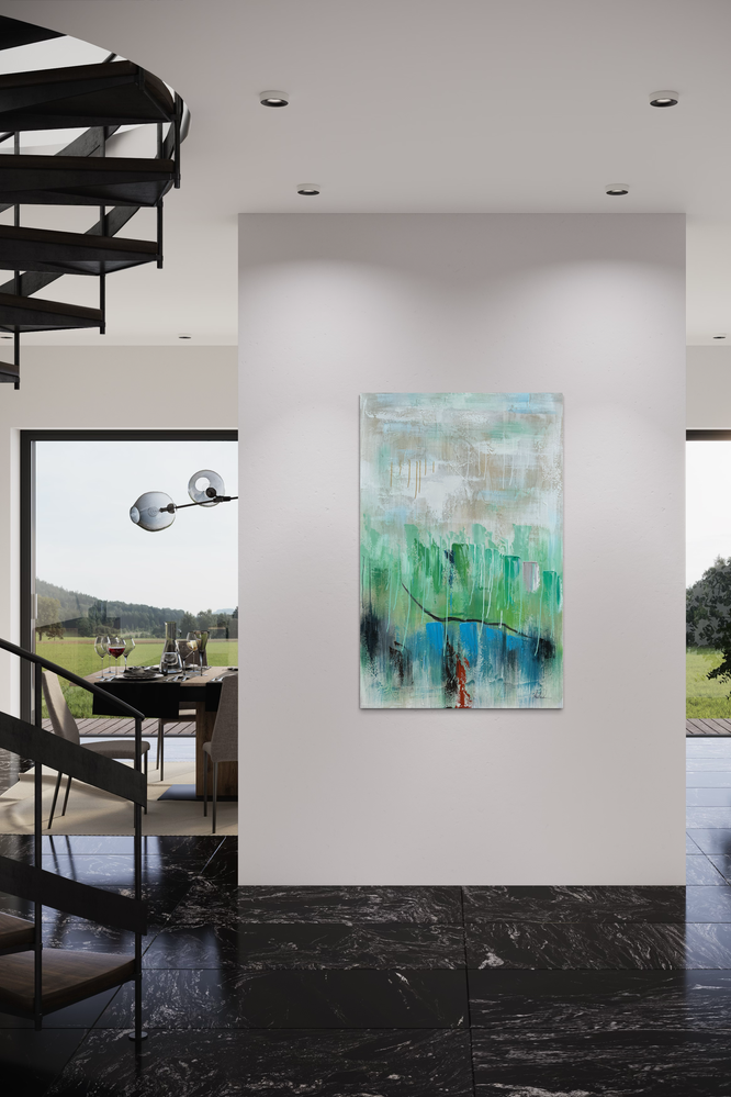 En abstrakt tavla i grönt