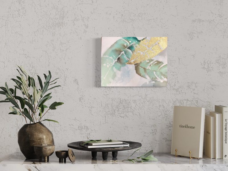 En målning med palmblad