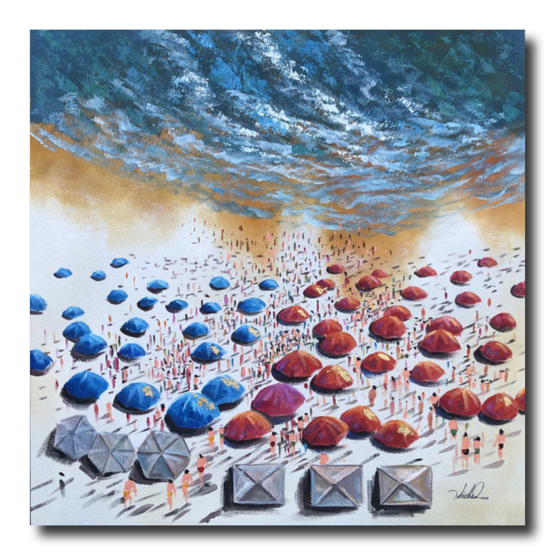 A painting with a beach