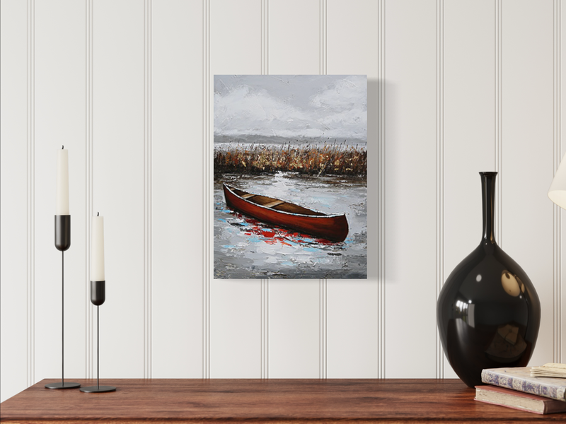 En tavla med en röd kanot