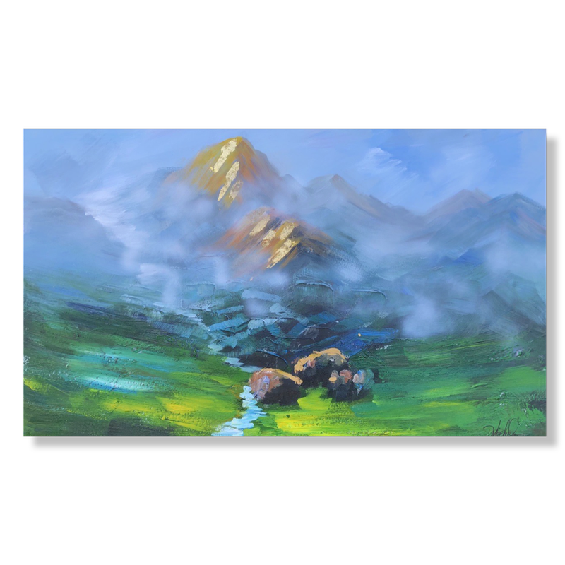 Een schilderij met bergen