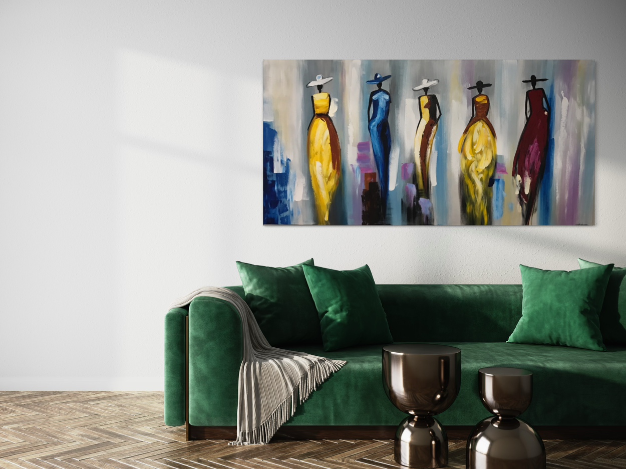 En målning i gula, blå och lila toner