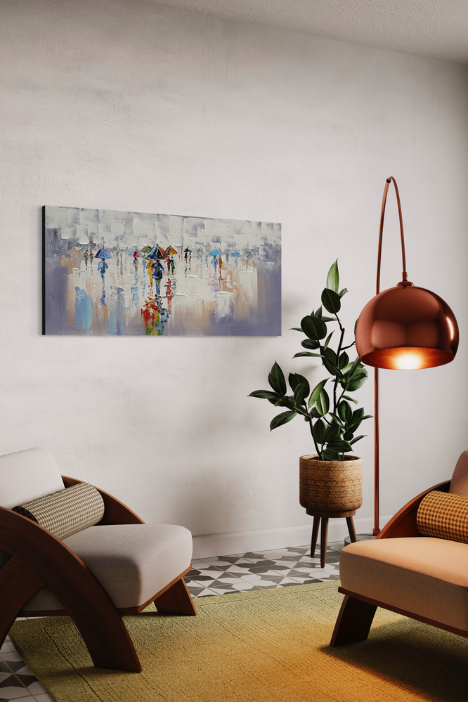 En målning med paraplyer