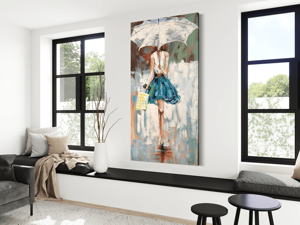 Et maleri av en kvinne i en turkis kjole