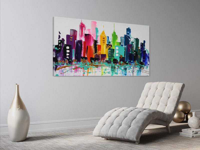 En tavla med en färgglad skyline