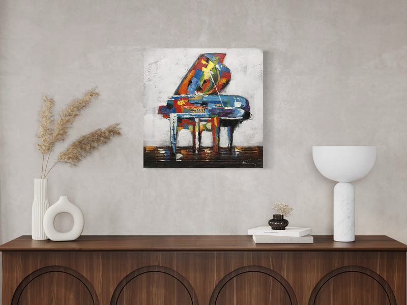 Een schilderij met een piano