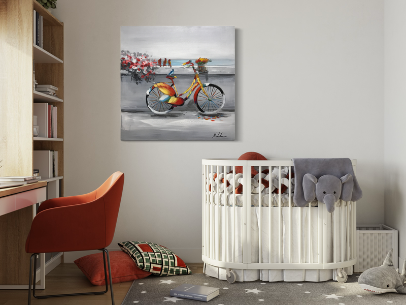 Een schilderij met een fiets