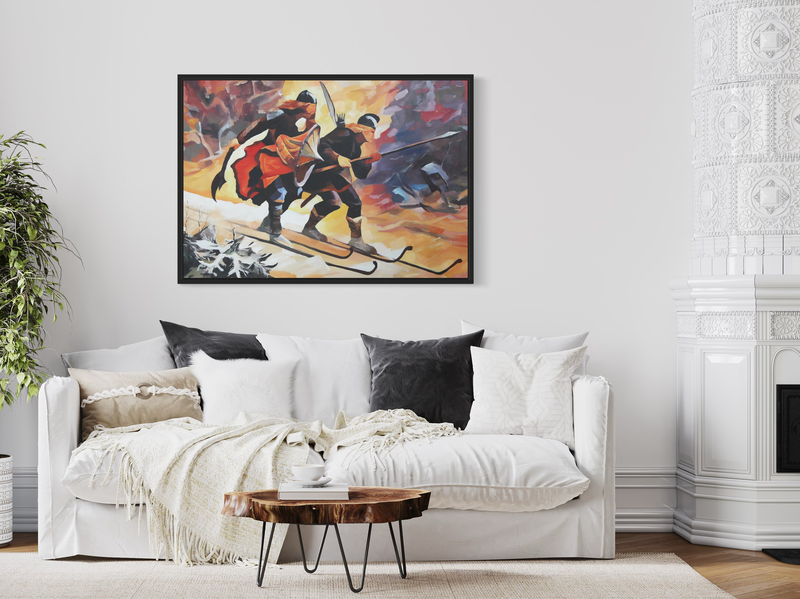 Obraz zainspirowany legendą norweskich birkebeinerów uciekających przez góry.