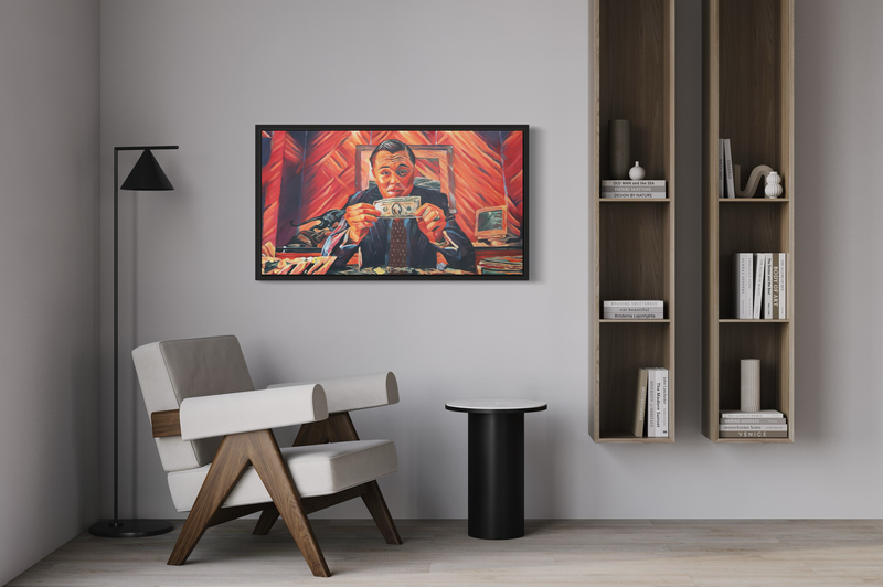 Obraz Leona jako Wilka z Wall Street.