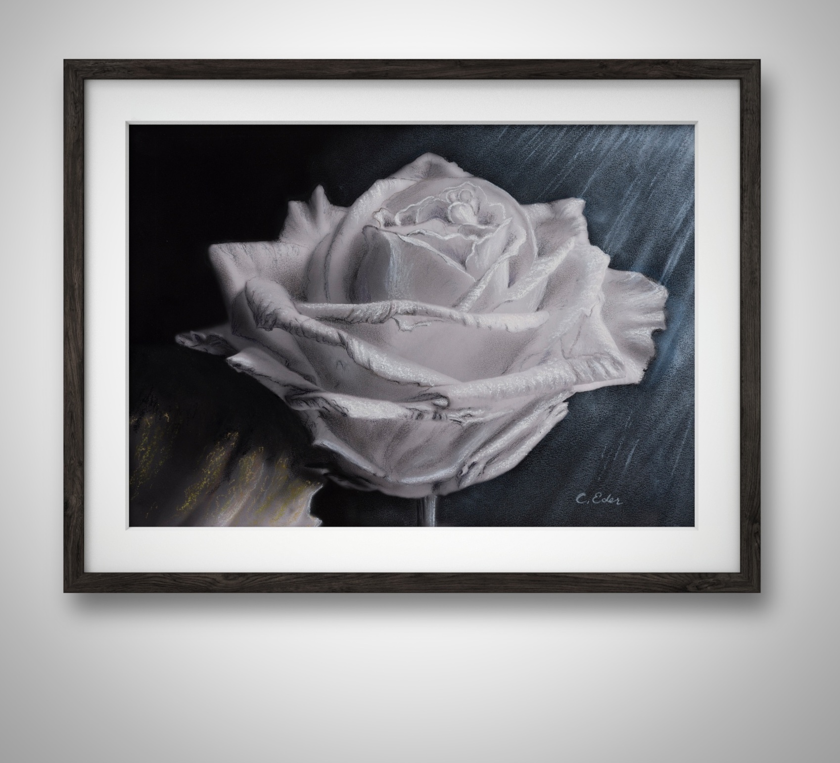 Ein Poster mit einer weißen Rose